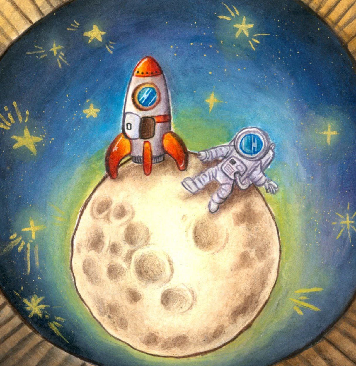 Rocket and astronaut on Moon Yue's painted moon
