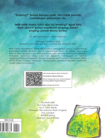 Back cover of Emping Lemak Manis Sofea with its Malay synopsis and a packet of emping