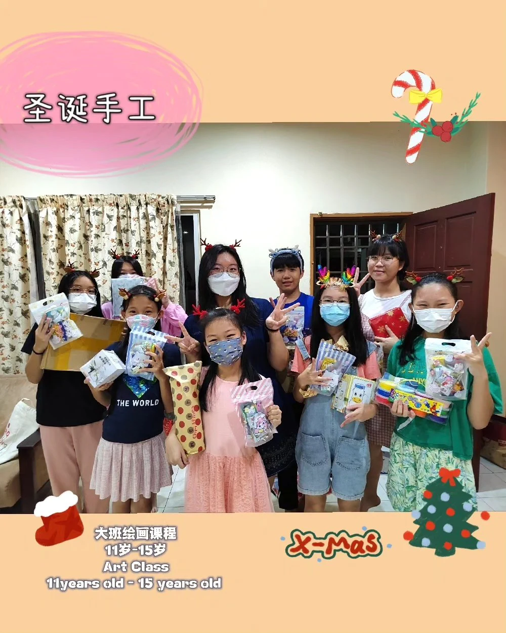 Group of students sharing artwork during a festive class