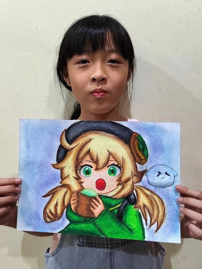 Student holding a softly coloured adventurer character portrait