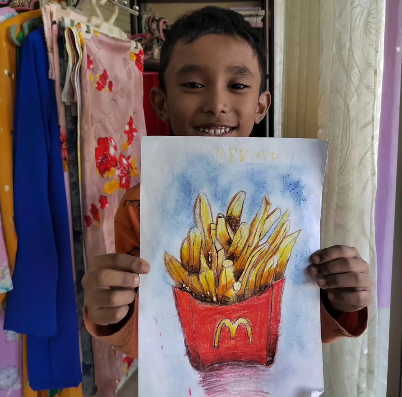Student holding a warm-toned fries illustration