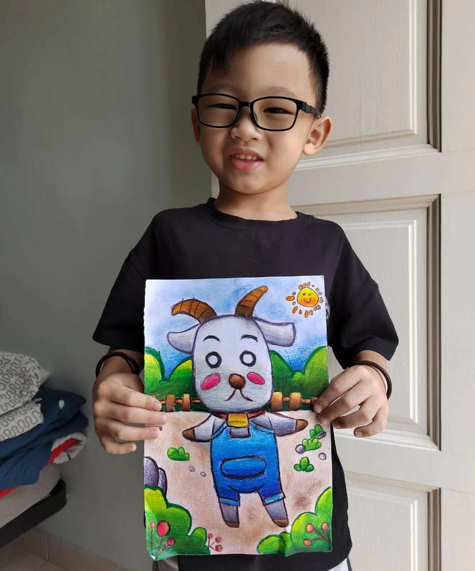 Student holding a cheerful cartoon puppy in blue overalls